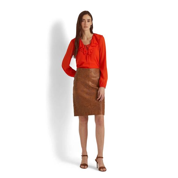 NEW Lauren Ralph Lauren Black Label Tooled Leather Pencil Skirt Sz 10 Brown Luxe - Picture 13 of 13